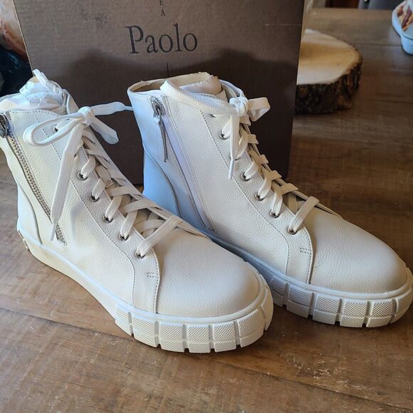 Linea Paolo Gio Sz‎ 8.5 M White Combat Style High Top Sneaker Leather Zipper - Picture 1 of 9